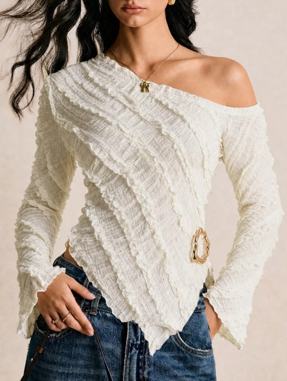 Textured Asymmetrical Hem One Shoulder Blouse
